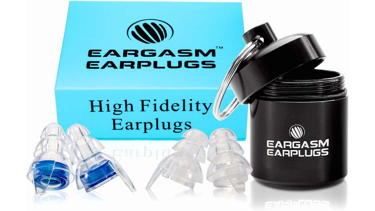 Eargasm earplugs with blue box and black carrying case