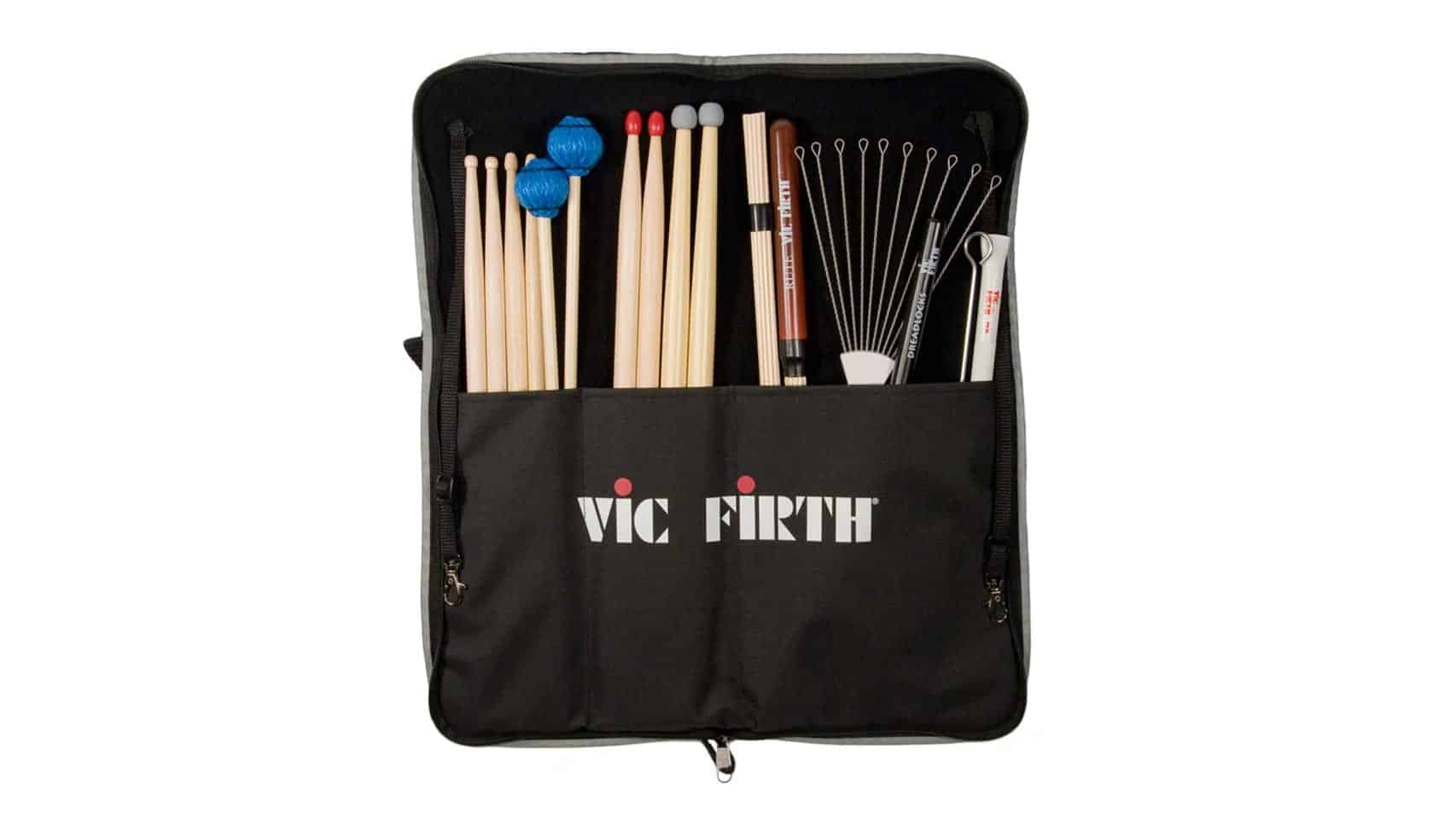 black Vic Firth stick bag for drummers open with sticks in pockets and Vic Firth logo