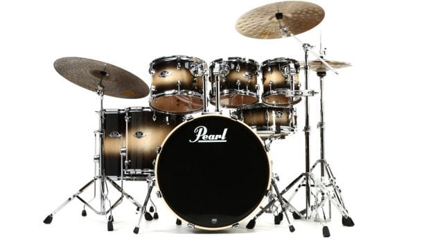 Pearl Export drum set full shot with shells, cymbals, and hardware.