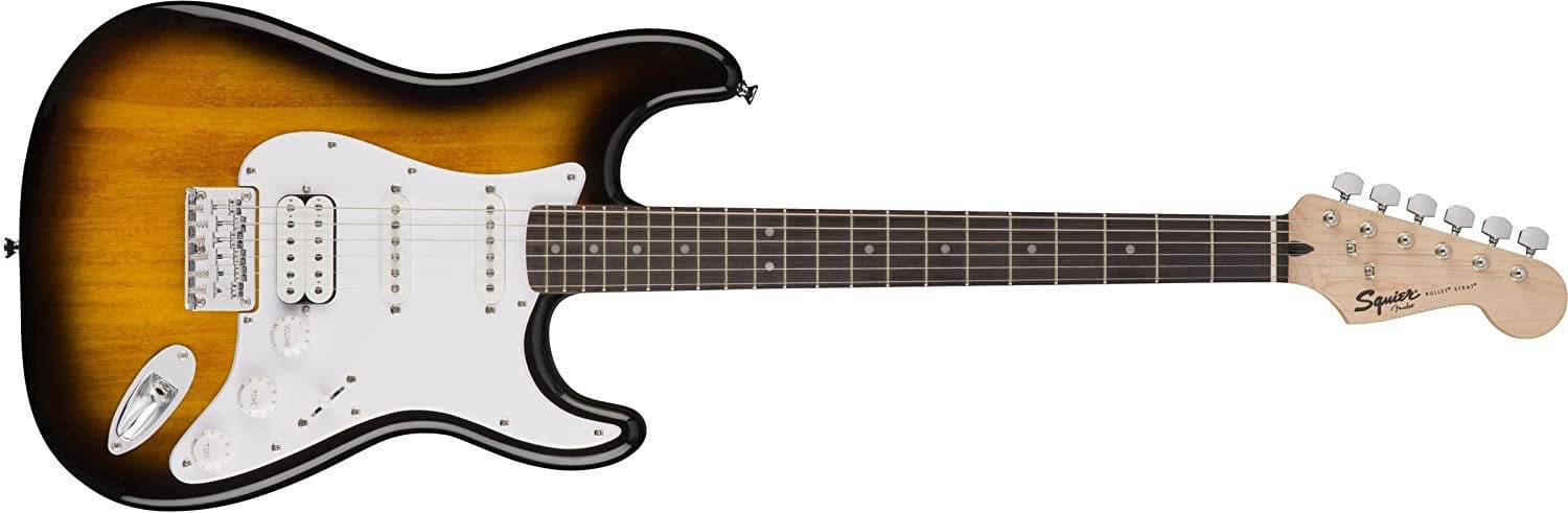 Fender Squier Bullet with sunburst body, three single coil pickups, hardtail bridge, and rosewood fretboard