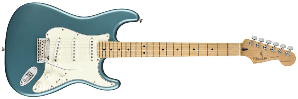 Fender player Stratocaster with green body and maple fretboard