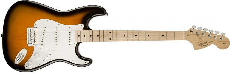 Squier Affinity Stratocaster front shot with sunburst finish and maple neck