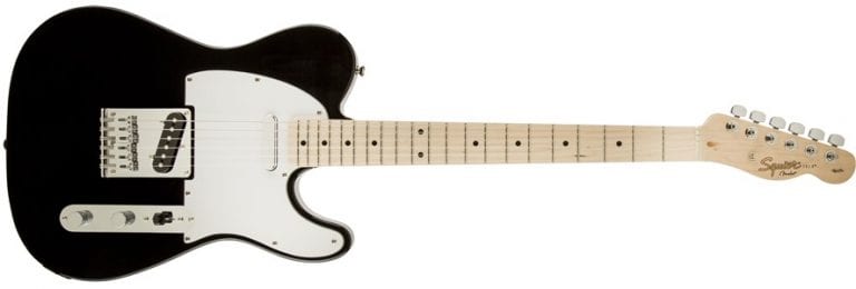 Squier Affinity Telecaster front shot with black finish and maple neck