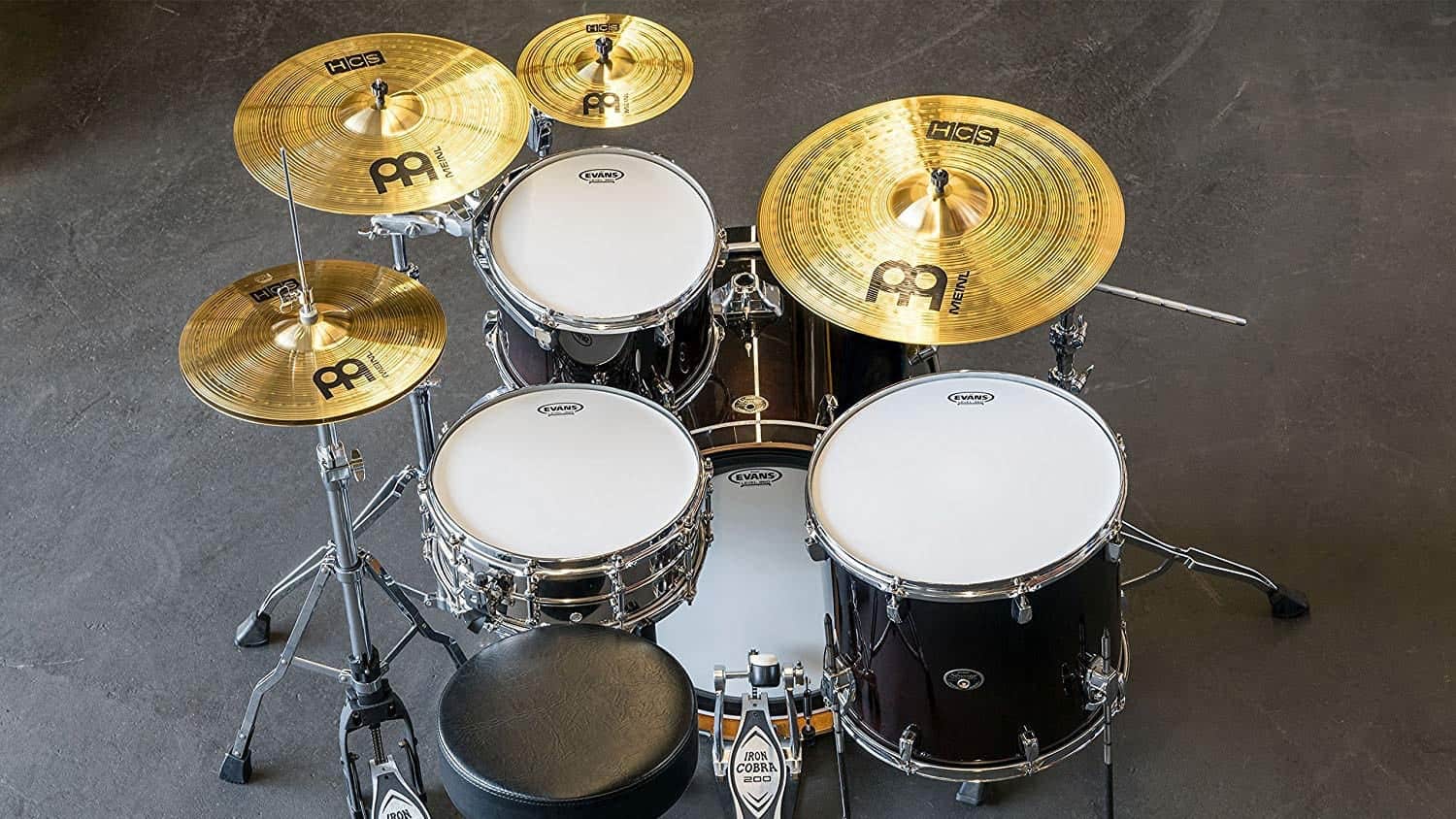 Meinl HCS Cymbal Pack displayed in a drum setup configuration