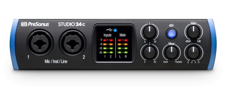 PreSonus Studio 24c Front shot with inputs, control knobs, and LED metering