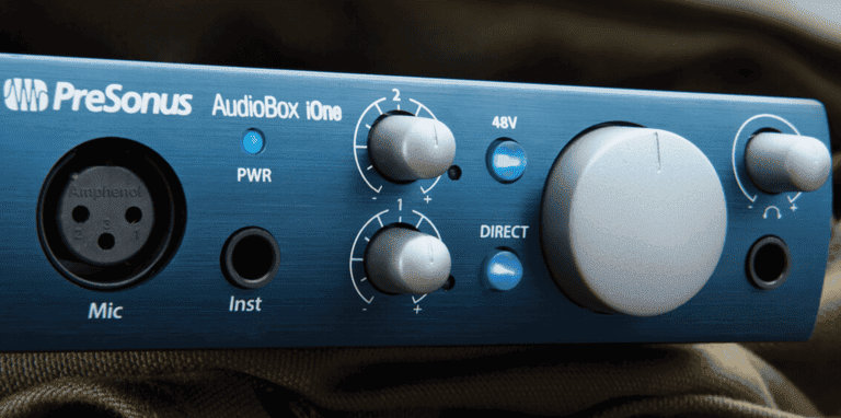 PreSonus AudioBox One audio interface closeup front shot of inputs and front panel controls
