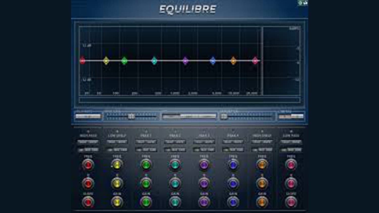 audioteknikk equilibre plugin GUI with band controls and visualizer