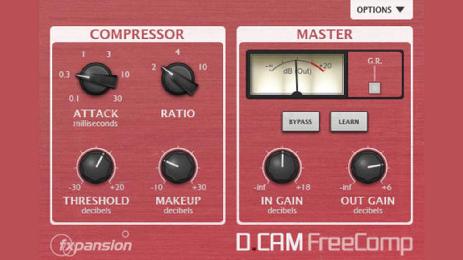 FXPansion DCAM FreeComp plugin GUI with rose faceplate, control knobs, and VU meters