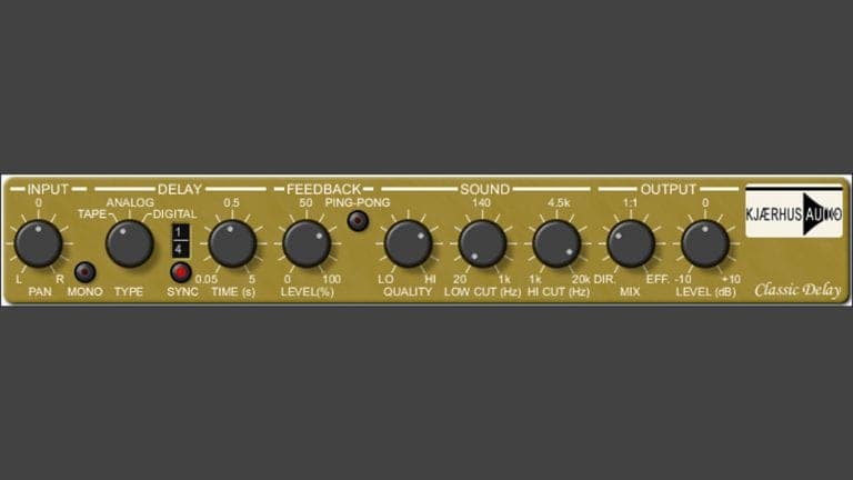 Kjaerhus Audio Classic Delay plugin GUI with gold faceplate and black control knobs