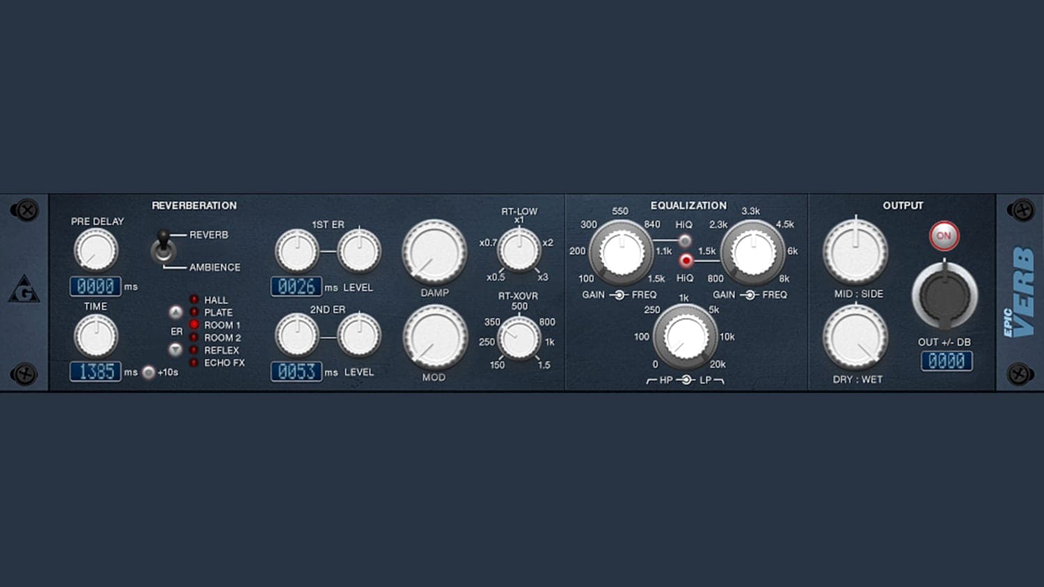 Variety of Sound Epicverb plugin GUI with controls and metering