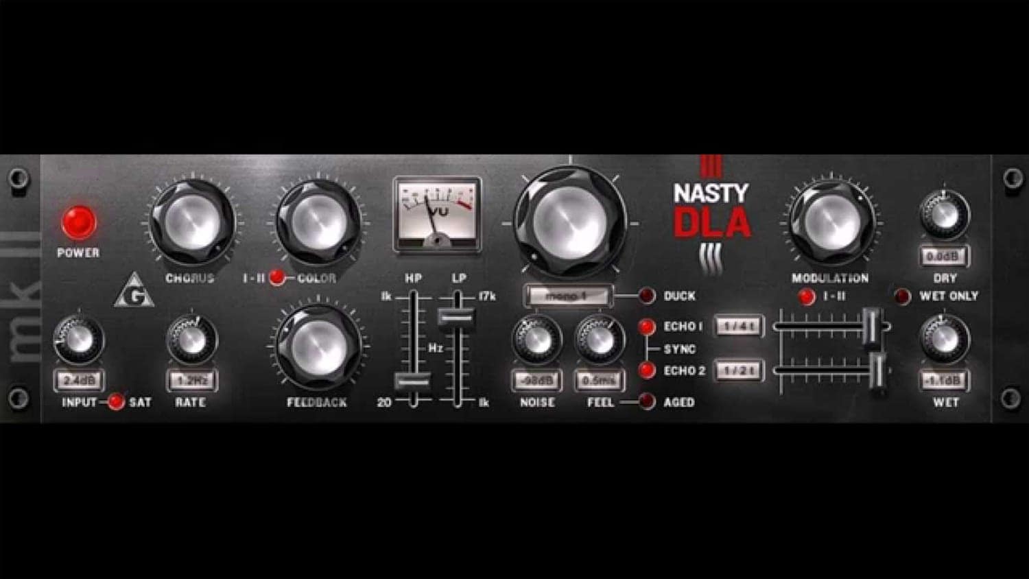 Variety of Sound NastyDLA mkii plugin GUI with controls and VU meter