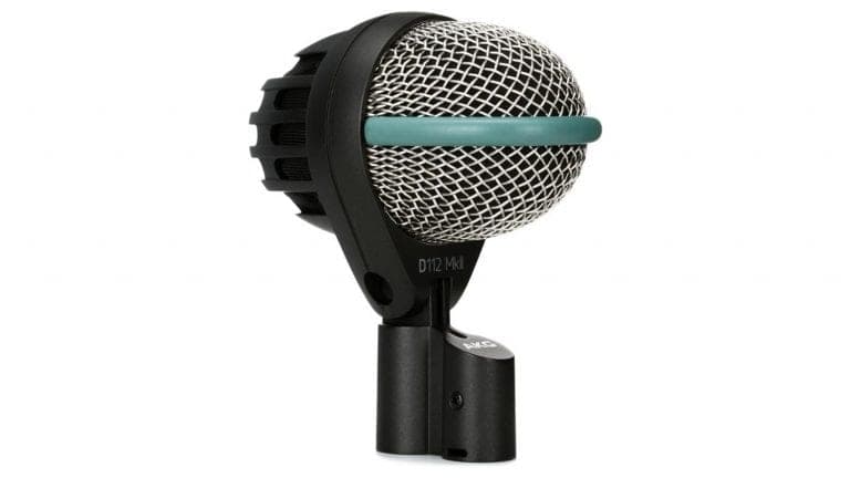 akg d112 angled shot with housing, windscreen, and blue breakup bar