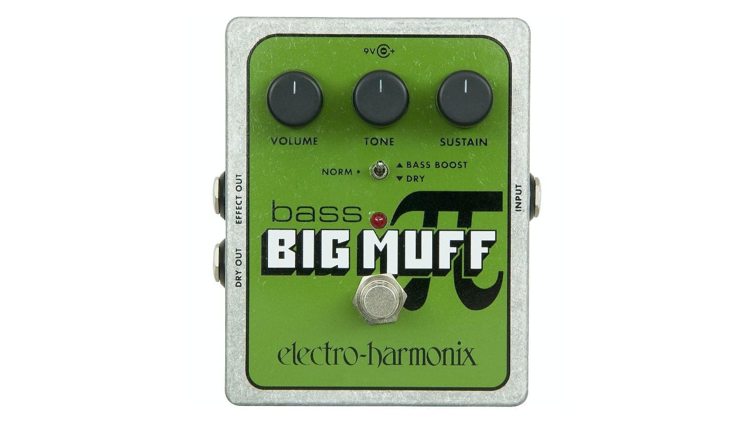 Bass Big Muff with green artwork and black control knobs