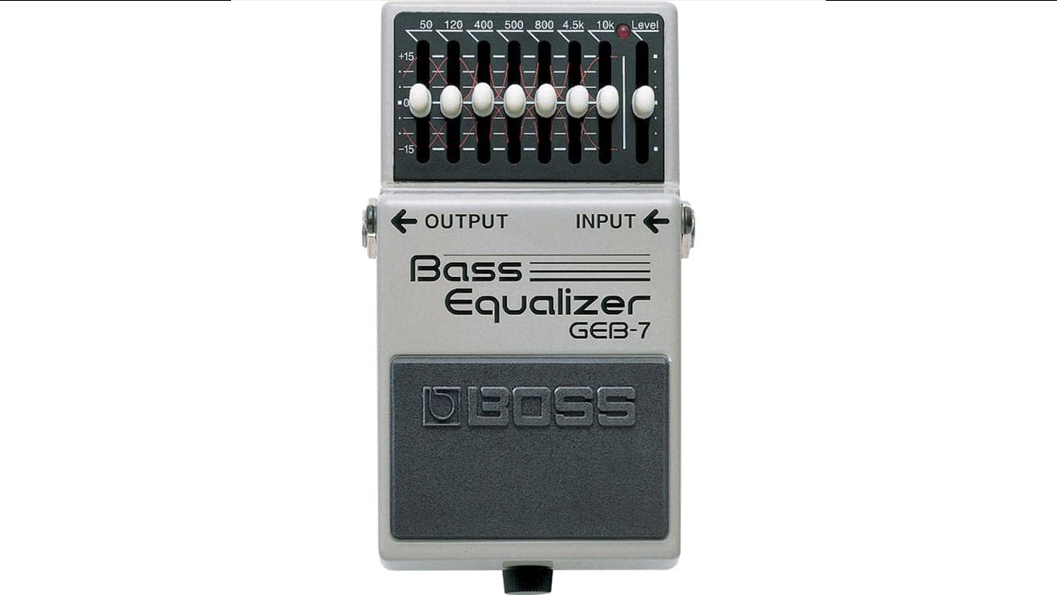 boss geb7 bass equalizer pedal with grey enclosure and white EQ sliders