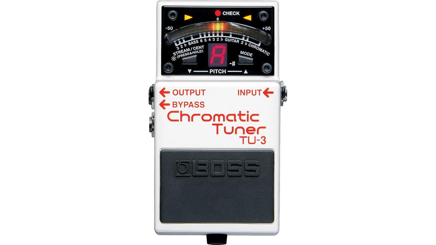 boss tu3 tuner with white enclosure and tuner LED