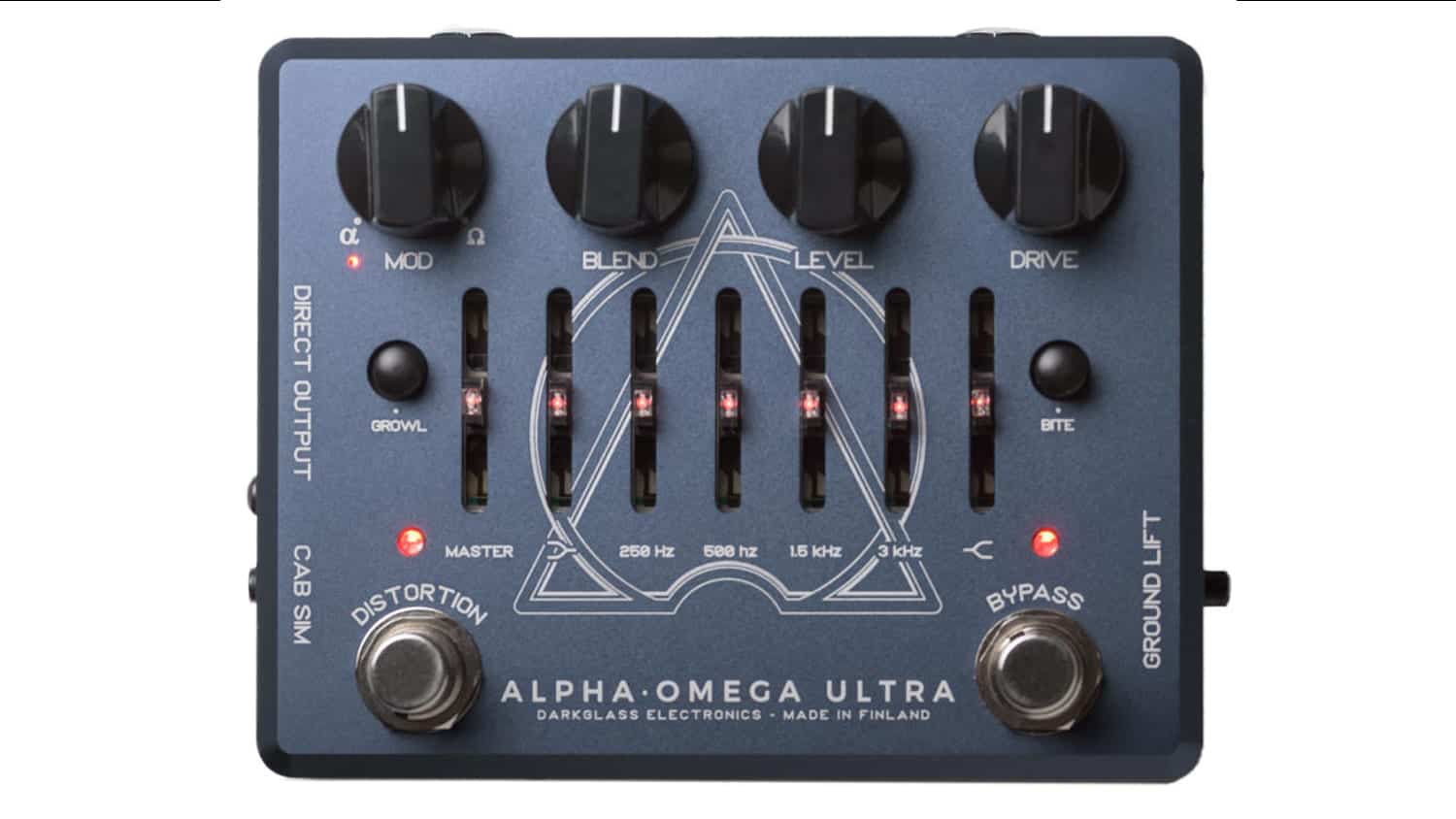 darkglass electronics alpha omega with grey enclosure, black control knobs, EQ sliders, and footswitches