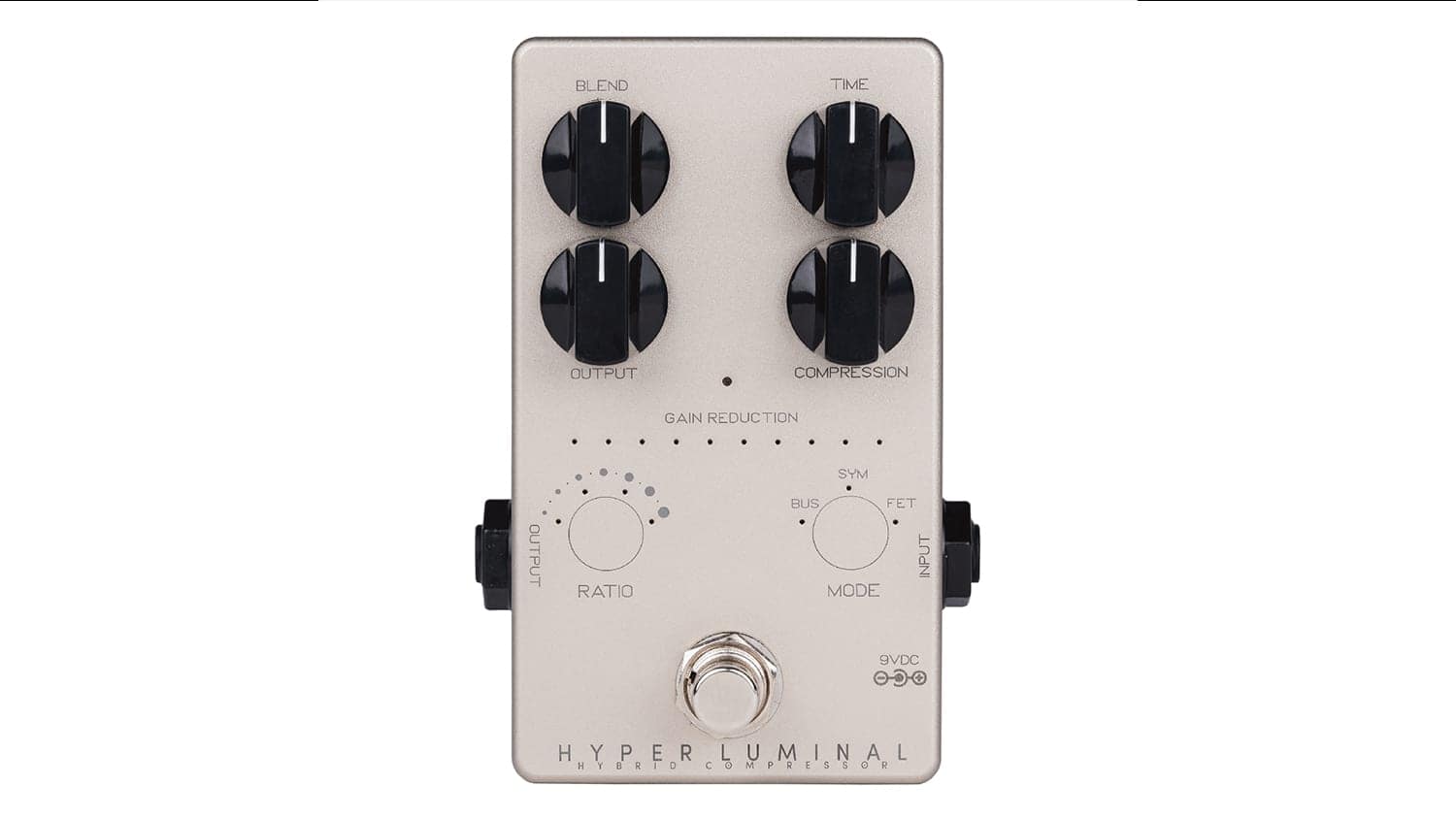 darkglass electronics hyper luminal compressor pedal with tan enclosure, black control knobs, and footswitch