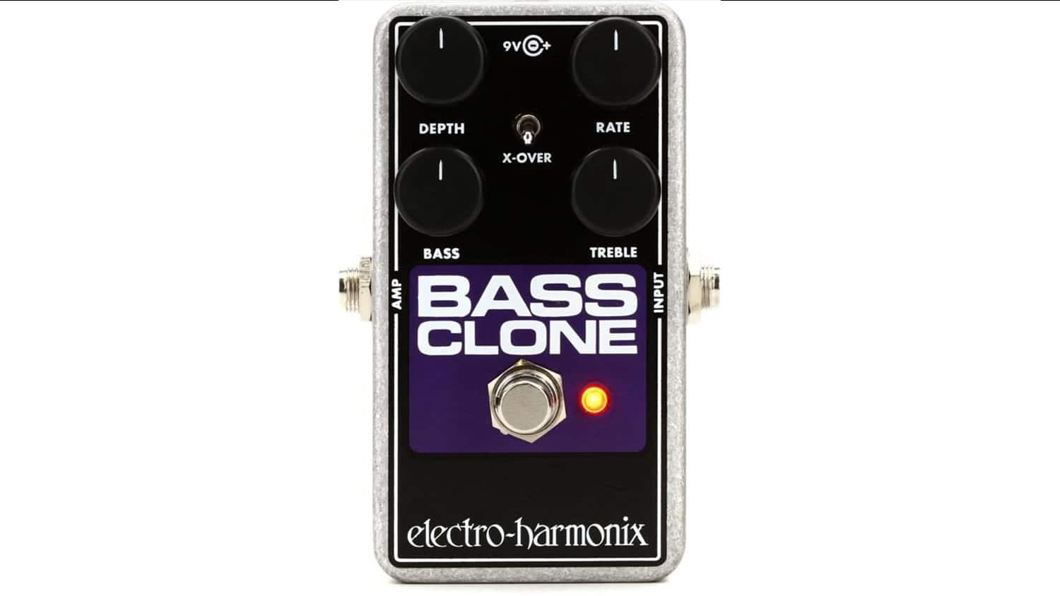 electro-harmonix bass clone with black and purple artwork and white text