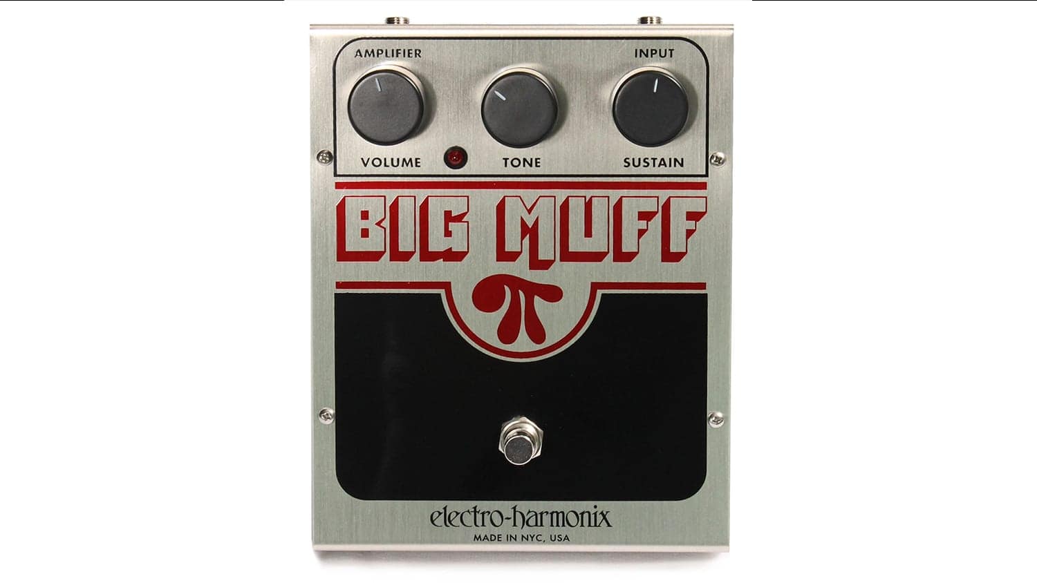 electro-harmonix big muff with silver enclosure, black control knobs, and Big Muff logo