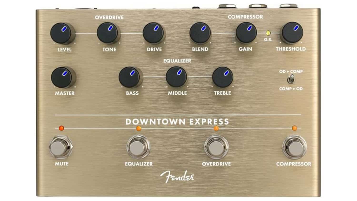 fender downtown express bass multi-effect pedal with gold enclosure, black control knobs, and four footswitches