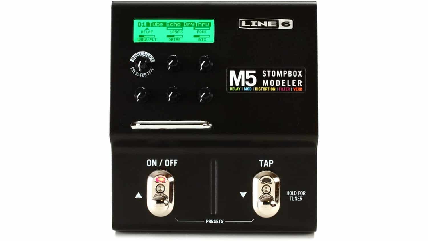 line 6 m5 with black enclosure, stomp switches, knobs, and LCD screen