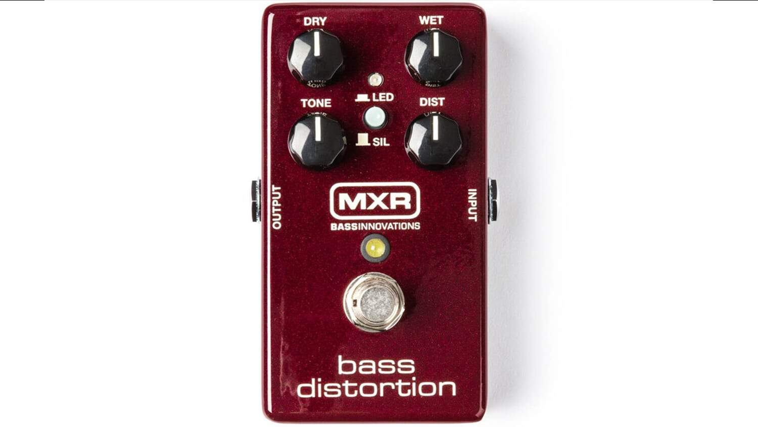 mxr m85 bass distortion with red enclosure and white text