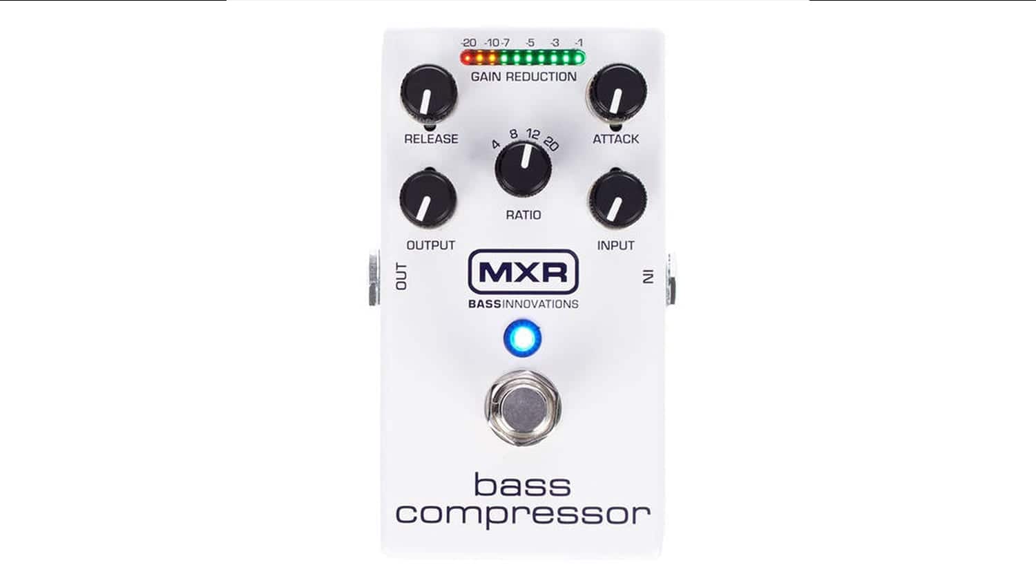 mxr bass compressor with white enclosure, gain reduction meter, and black control knobs