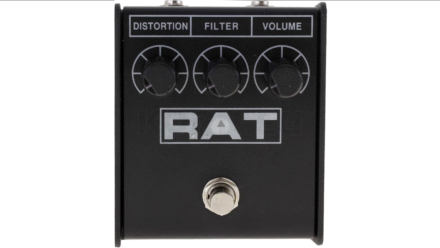 proco rat distortion pedal with black enclosure and white text