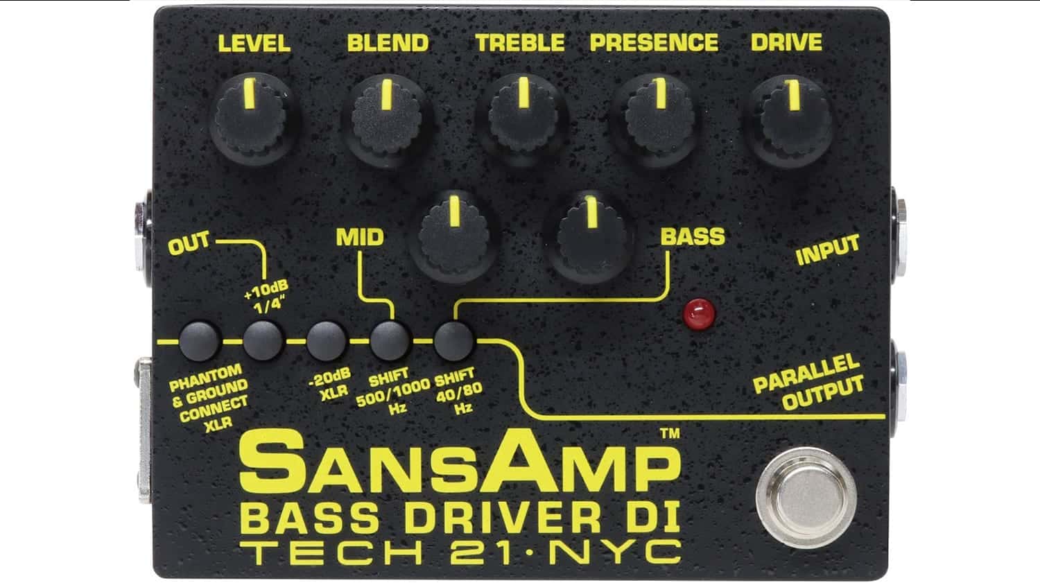 tech 21 sansamp bass driver with yelllow text and black and yellow control knobs