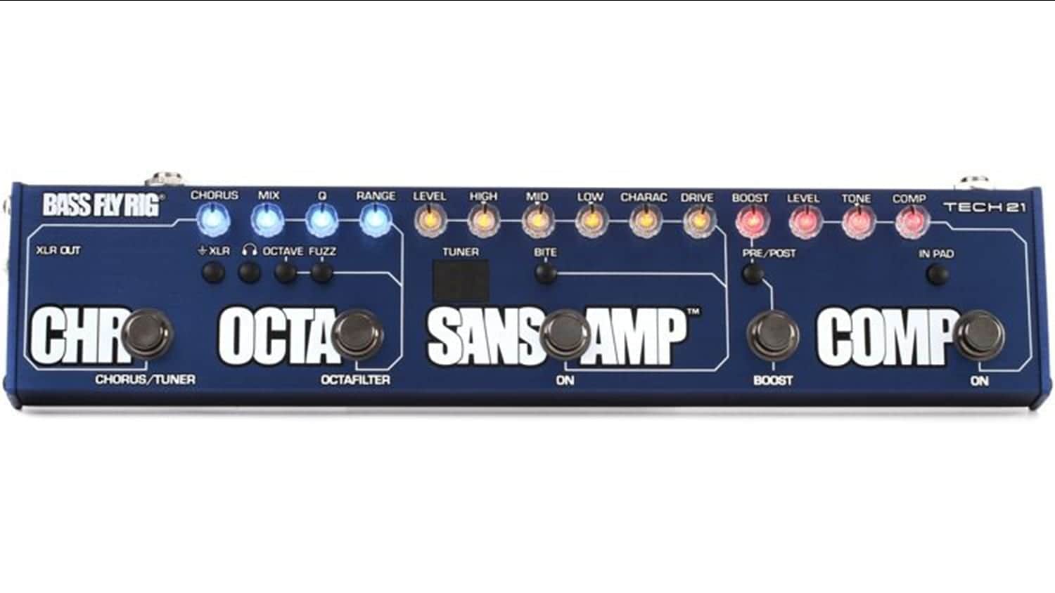 tech21 bass fly rig multi-effect with blue enclosure and multi-colored effects control knobs