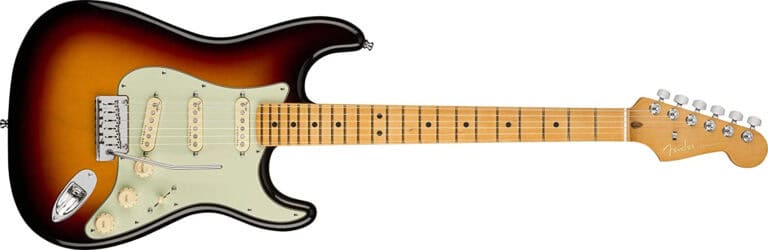 american-fender-ultra-stratocaster front shot with sunburst finish and maple fretboard and neck
