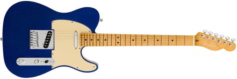 fender-american-elite-telecaster front shot with dark blue finish and maple neck