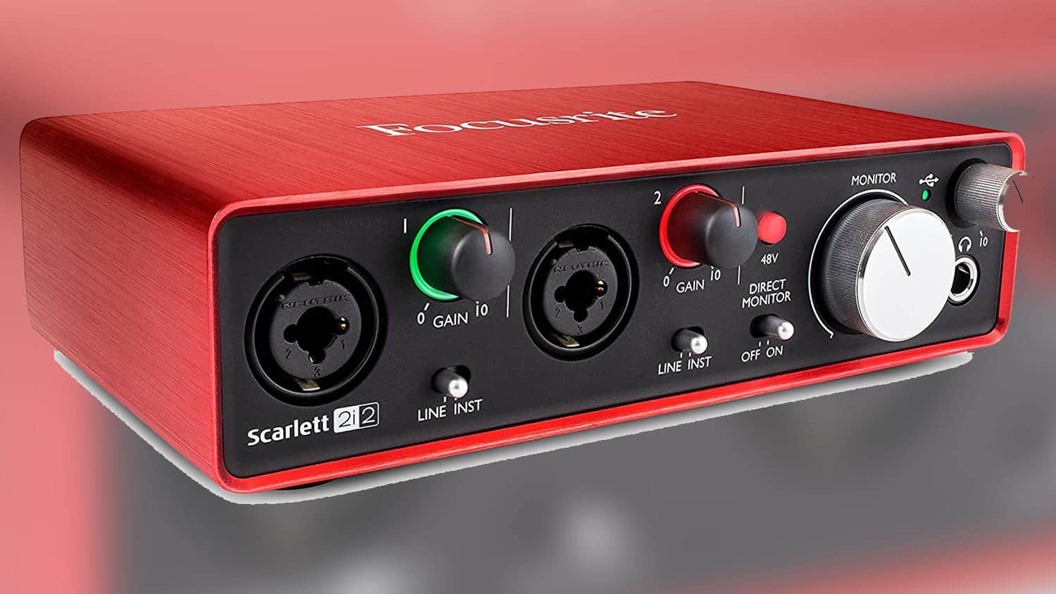 focusrite scarlett 2i2 front shot with inputs, controls, and scarlet enclosure