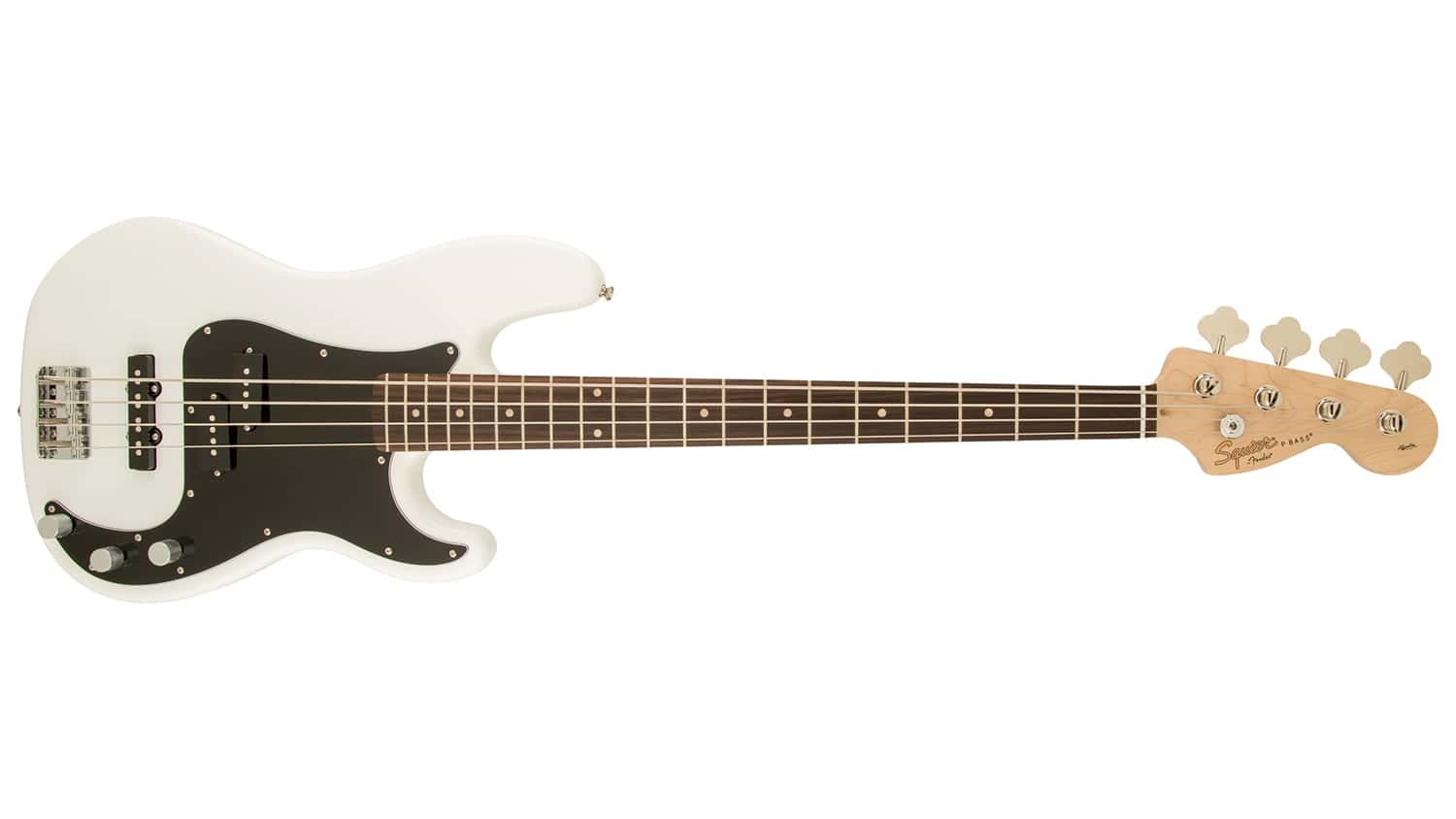 squier affinity precision bass pj with white body, black pickguard, and rosewood neck