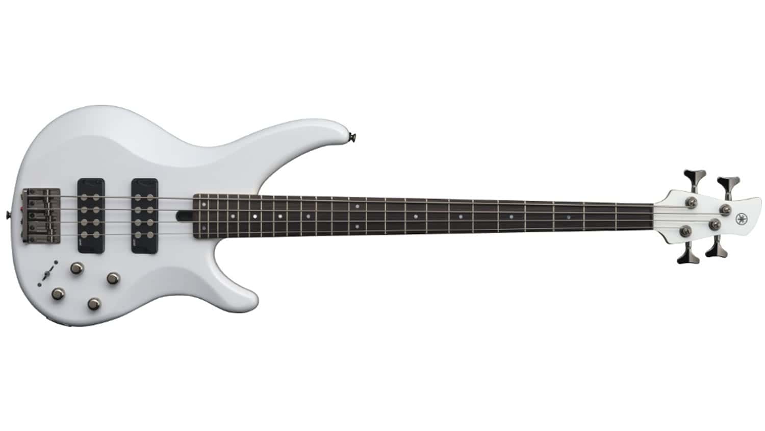 yamaha trbx304 bass guitar with white body, two humbucker pickups, and rosewood fretboard