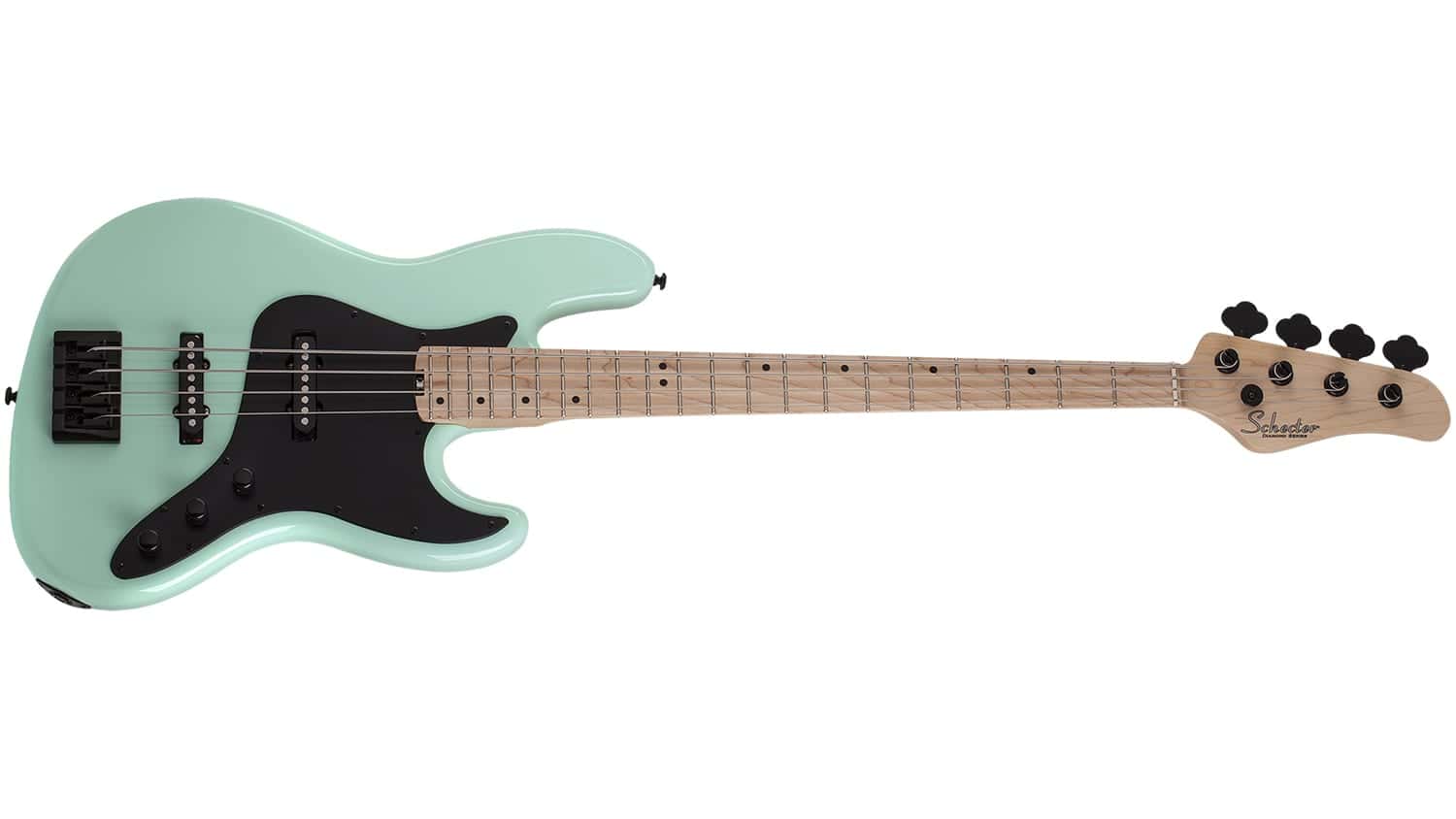 Schecter J-4 with teal body, black pickguard, black hardware, and maple neck