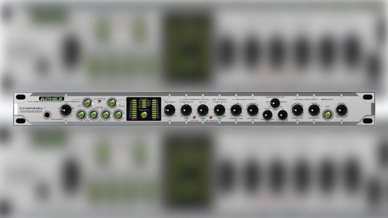 aphex channel master channel strip with grey enclosure, black knobs, and metering