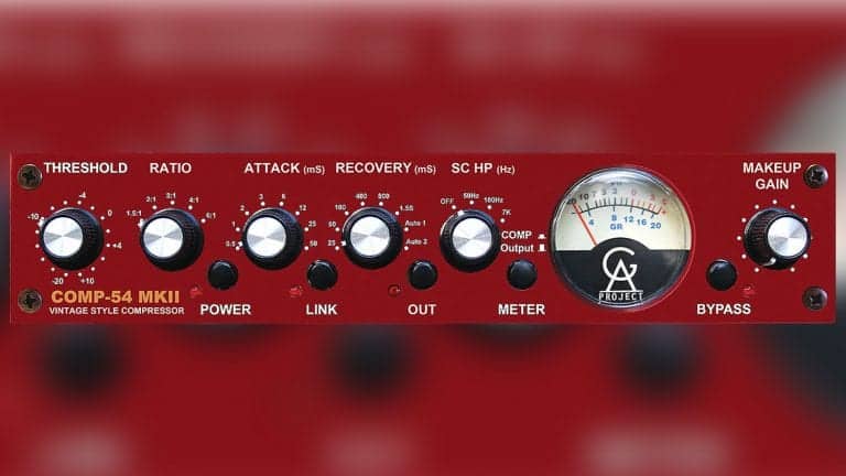 golden age project comp-54 front shot with red enclosure and black control knobs, VU meter