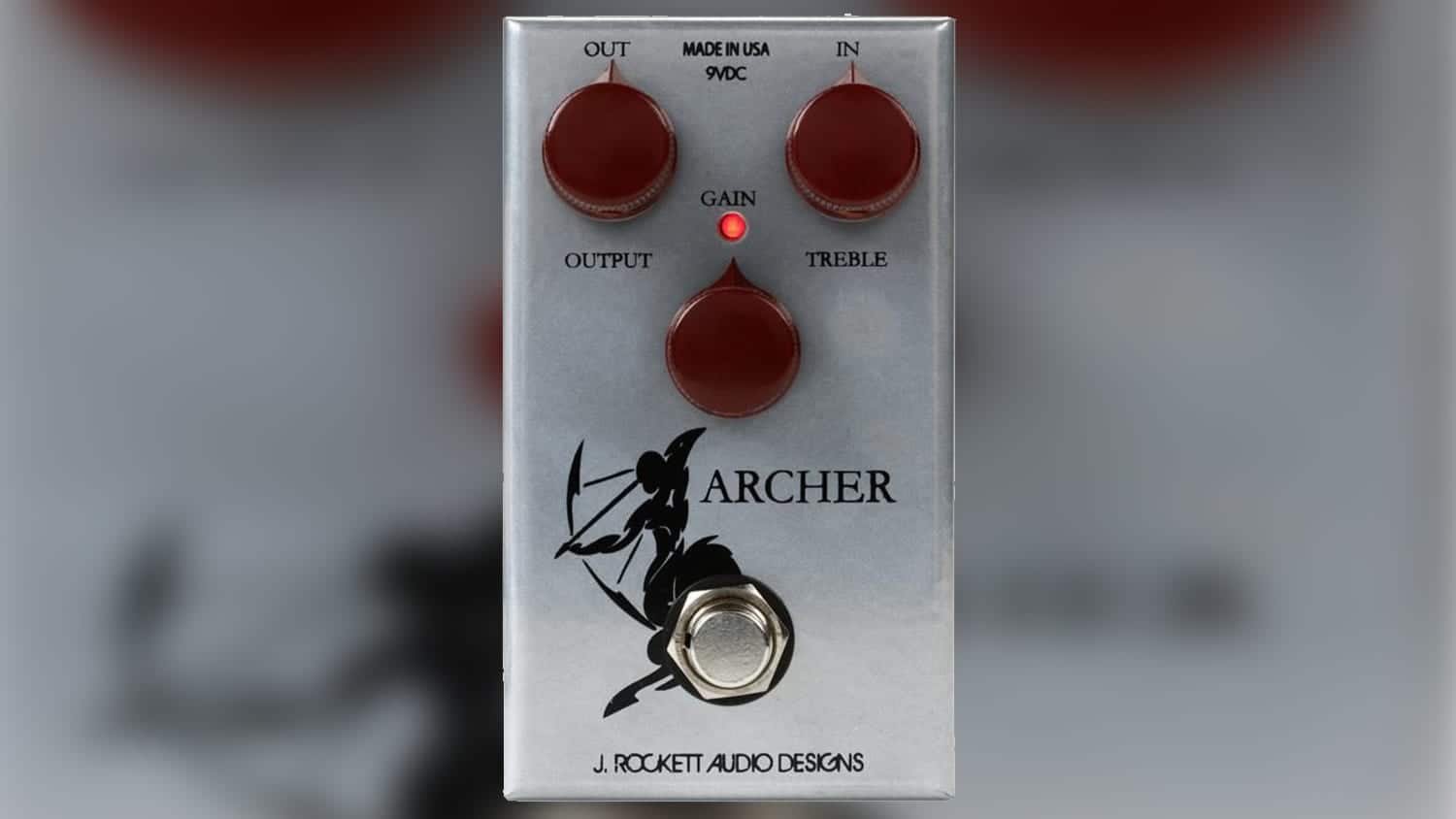 j. rockett archer transparent overdrive with grey enclosure and maroon control knobs