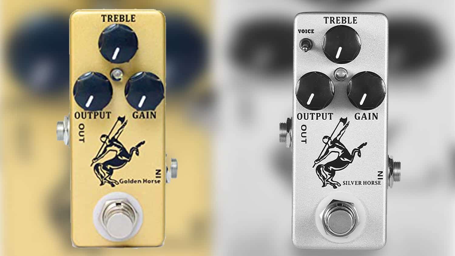 mosky audio golden and silver horse transparent overdrive pedals in gold and silver enclosures