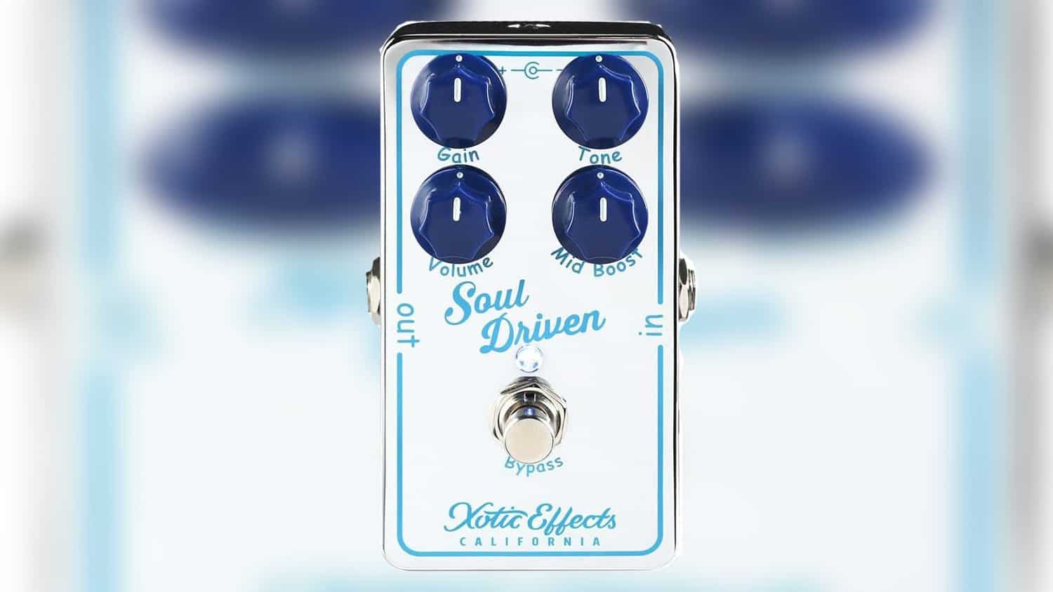 xotic effects soul driven transparent overdrive pedal with white faceplate and blue script text