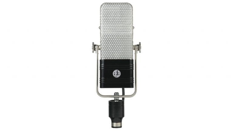 AEA R44CE ribbon microphone front shot with black enclosure and silver grille
