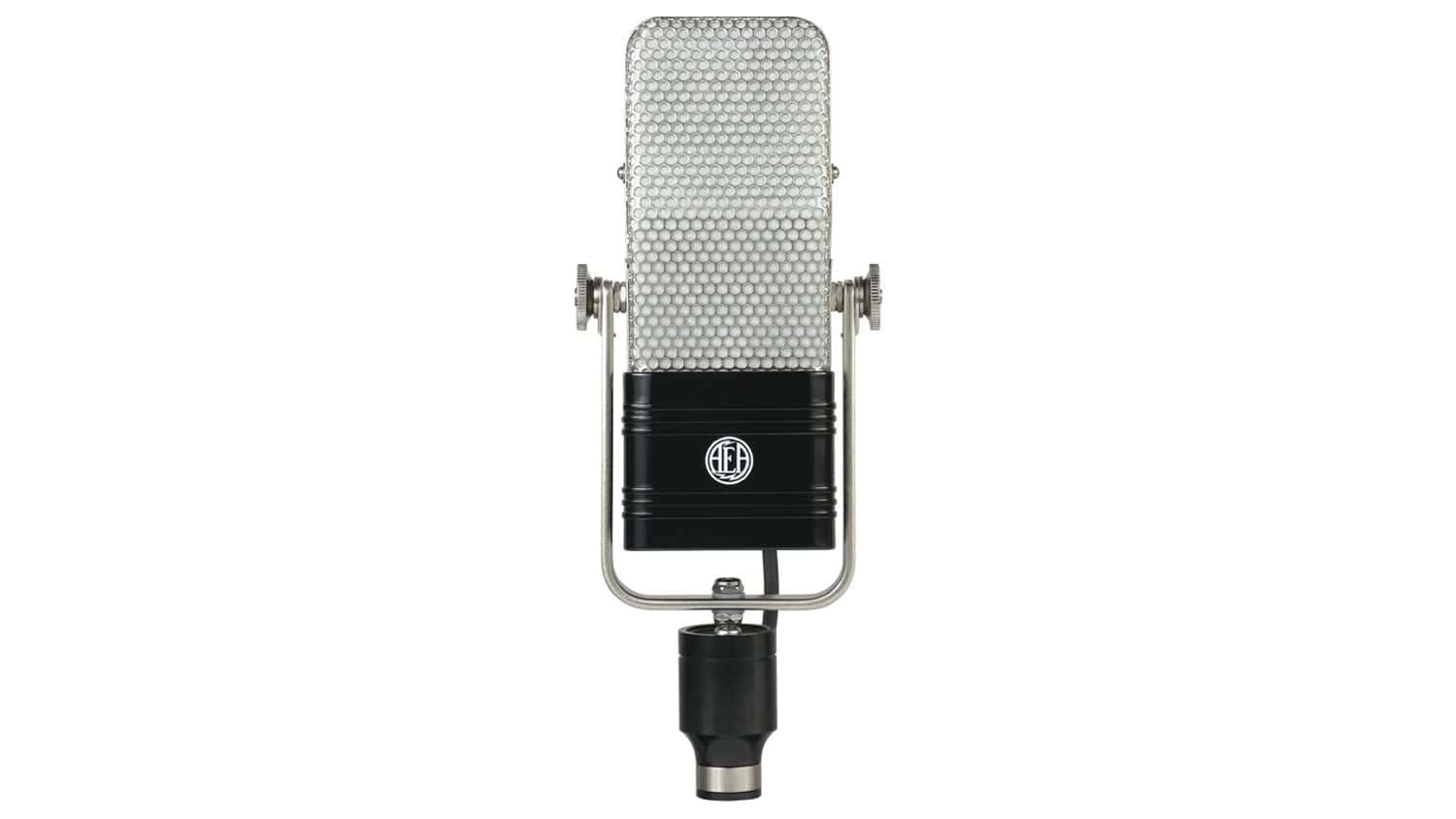 AEA R44CE ribbon microphone front shot with black enclosure and silver grille