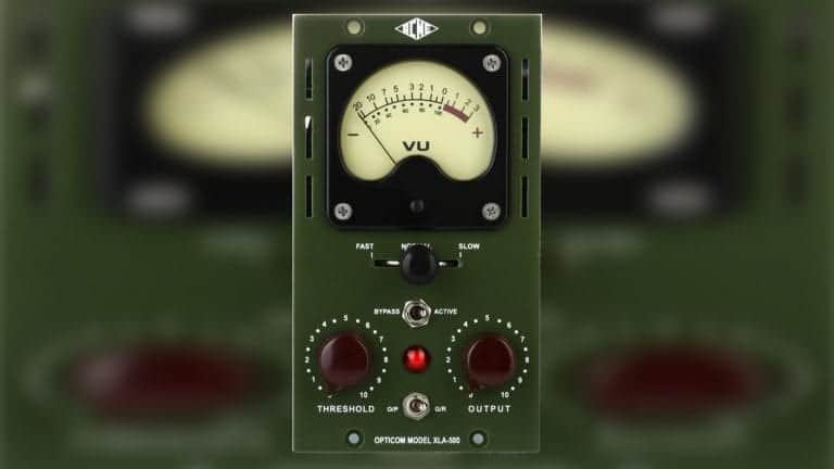 Acme Audio Opticom XLA-500 500 series compressor with army green enclosure, control knobs, and VU meter