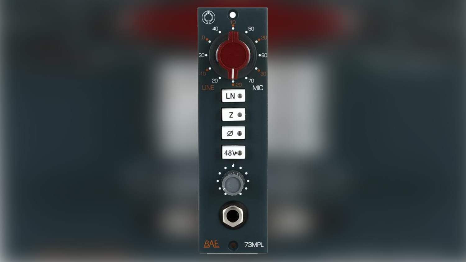 BAE 1073MPL 500 Series preamp front shot with grey enclosure and control features