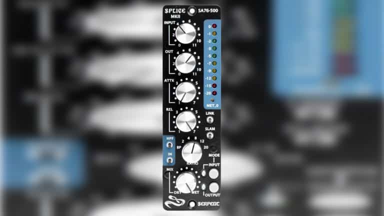 Serpent Audio Splice-500 mkII 500 series compressor front shot with black enclosure, grey control knobs, and LED metering