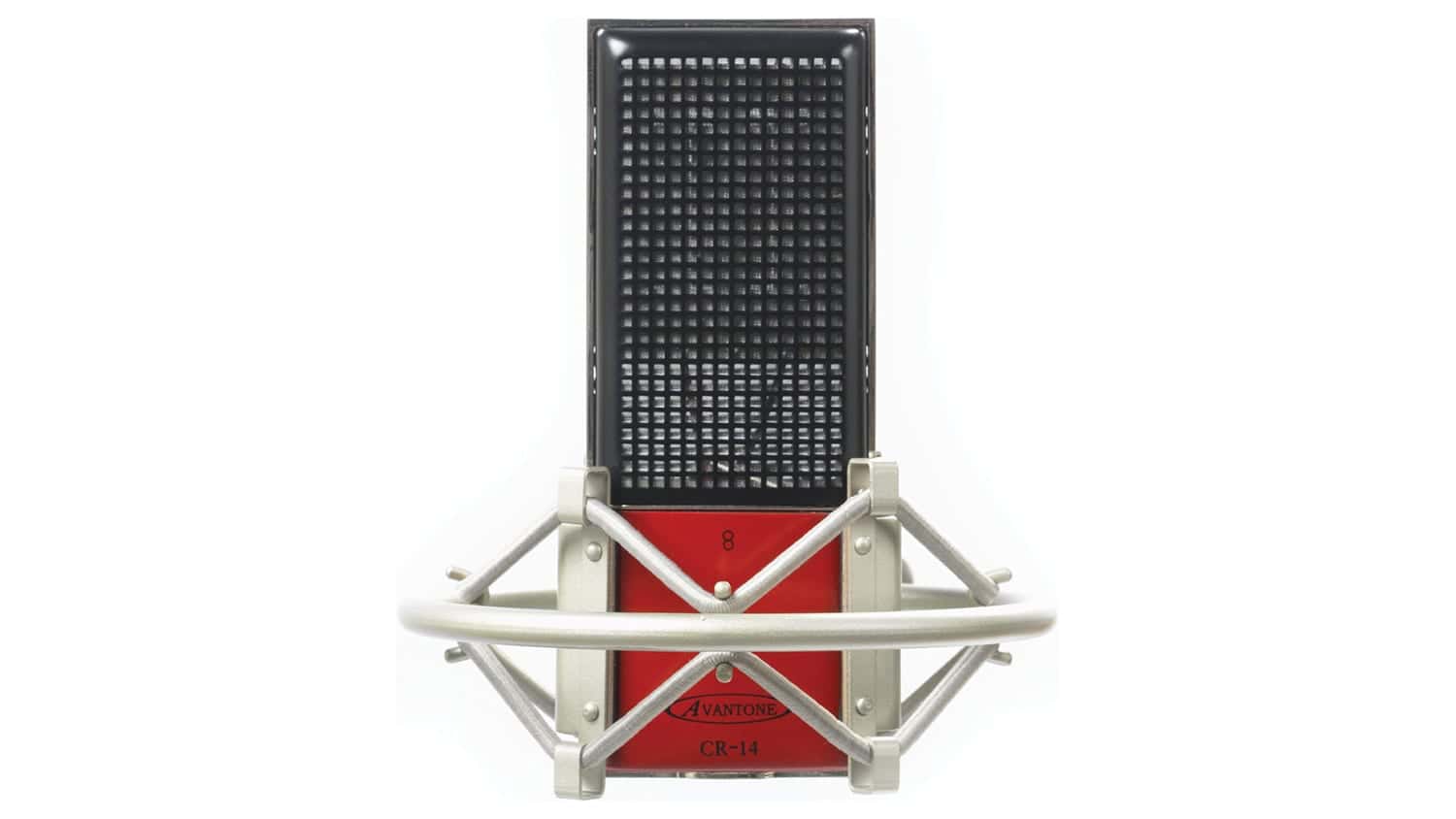 avantone cr-14 ribbon microphone with red enclosure, black grille, and silver shockmount