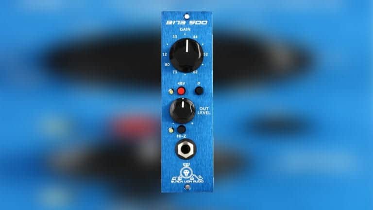 black lion audio b173 500 series preamp front shot with blue enclosure and black control knobs