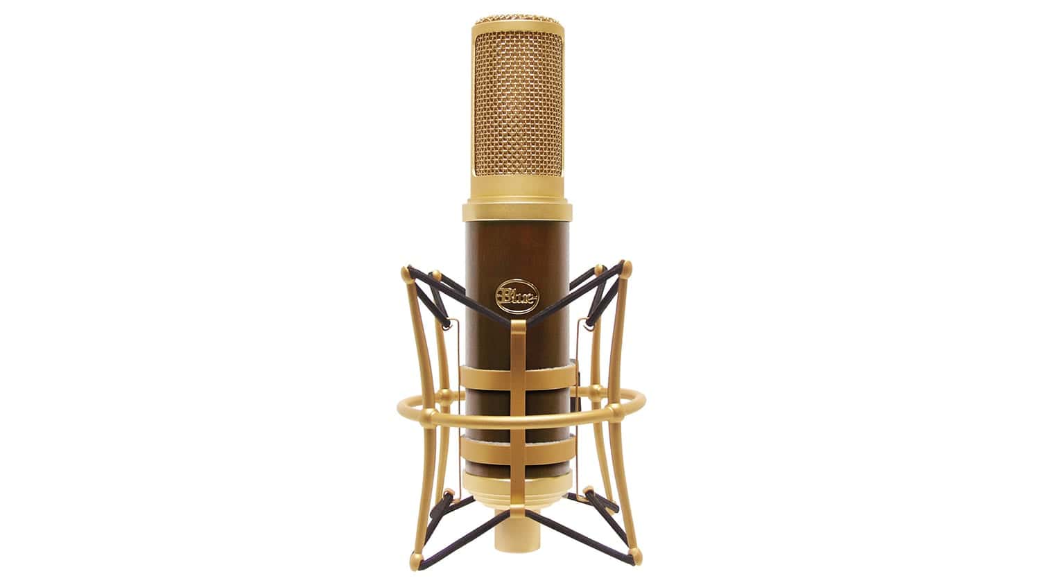 blue microphones woodpecker ribbon microphone with gold enclosure, grille, and shockmount