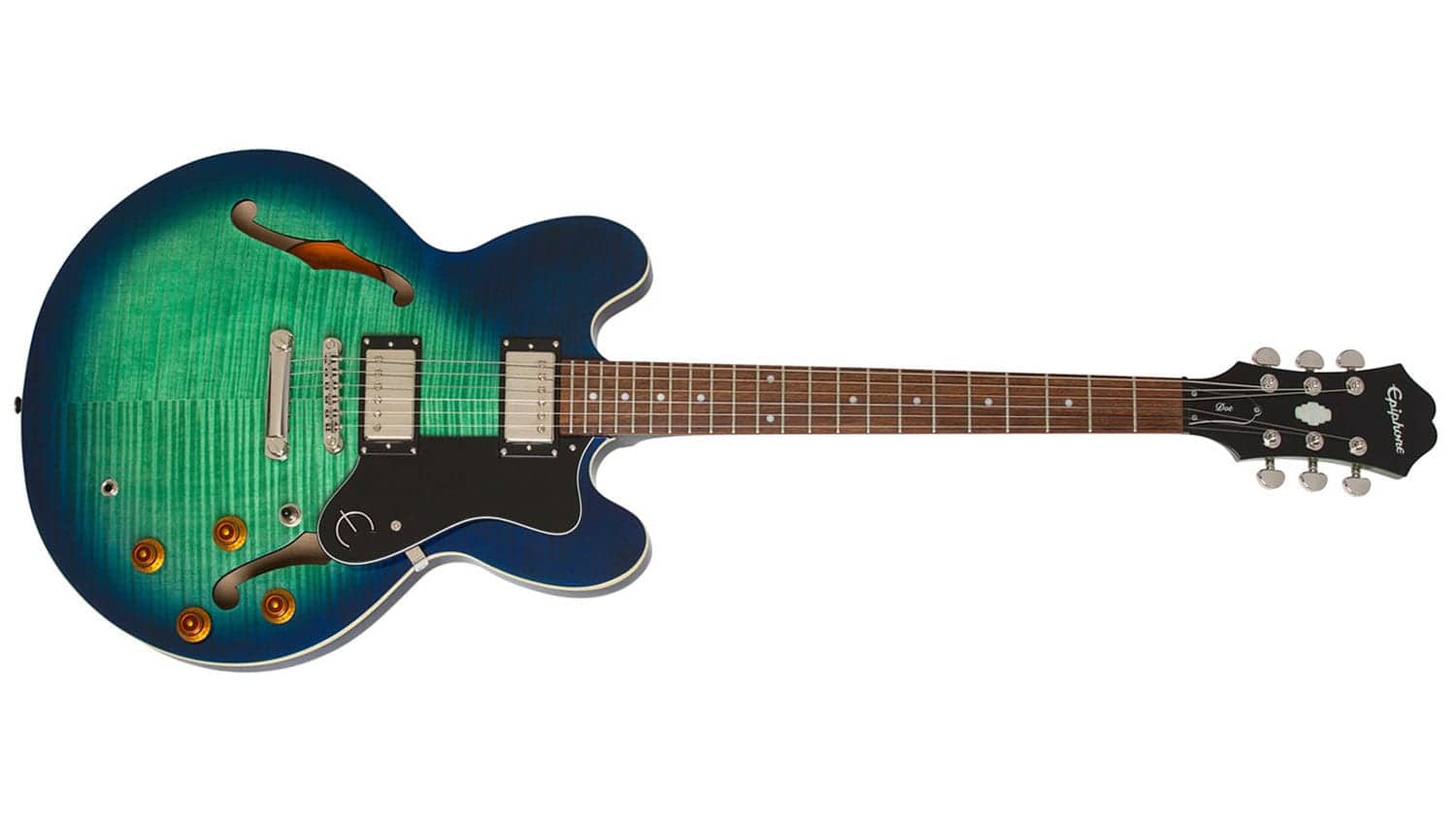 epiphone dot deluxe with blue/green burst finish, chrome hardware, and rosewood fretboard